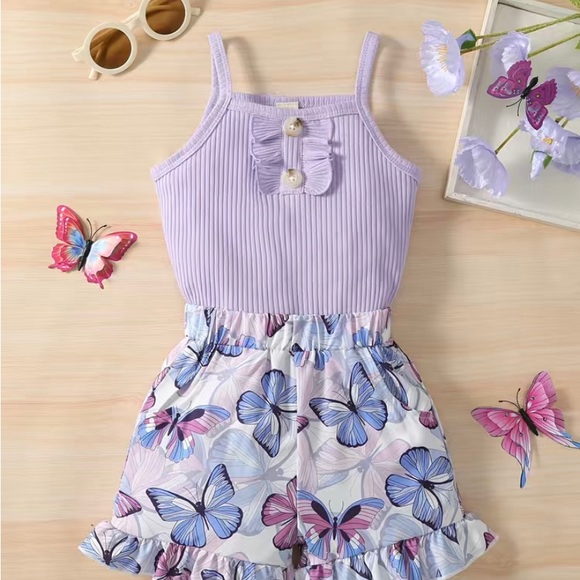 2pc Toddler Girls Purple Cami with Ruffled Butterfly Trim Hemmed Shorts - Picture 3 of 5
